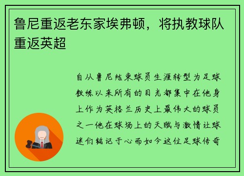 鲁尼重返老东家埃弗顿，将执教球队重返英超