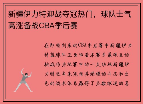 新疆伊力特迎战夺冠热门，球队士气高涨备战CBA季后赛