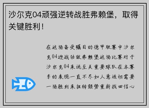 沙尔克04顽强逆转战胜弗赖堡，取得关键胜利！